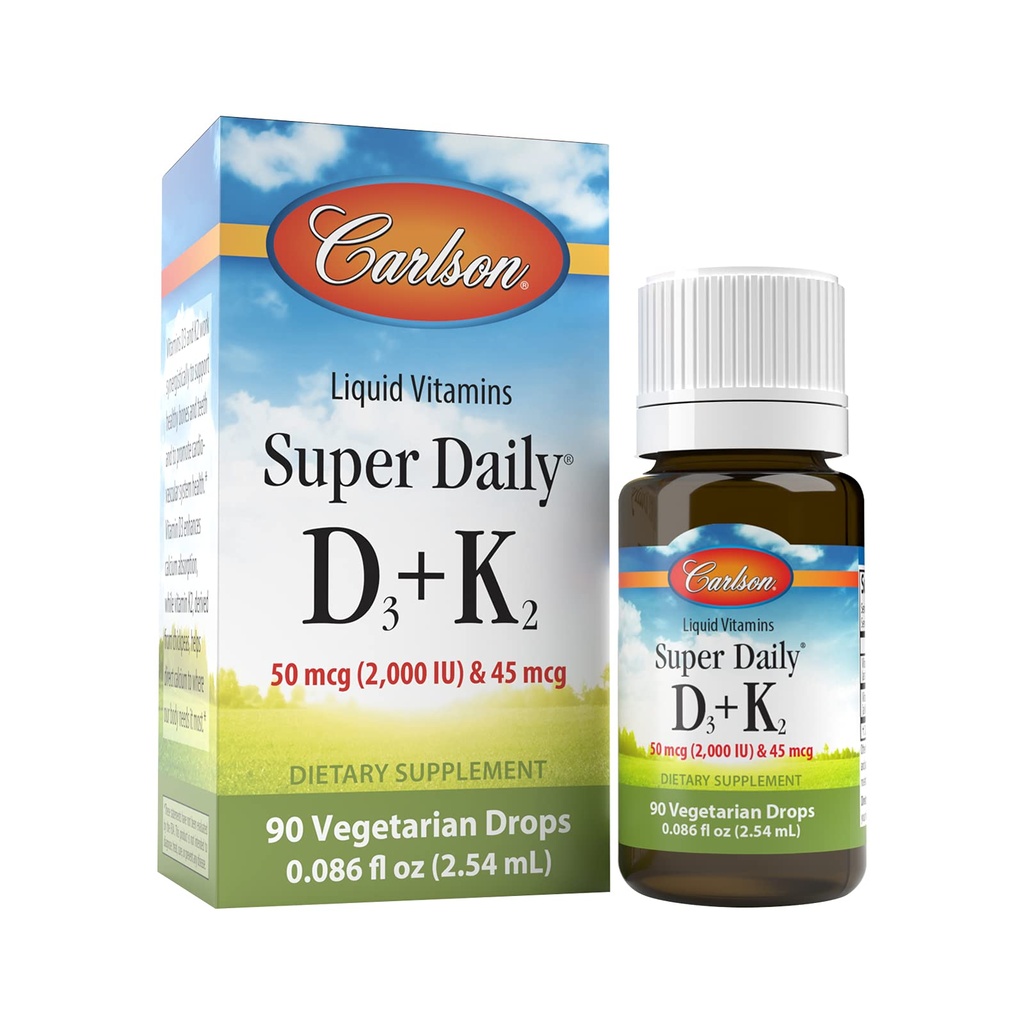 Carlson - Super Daily D3 + K2, 50 mcg D3 + 45 mcg MK-7, Heart & Bone Health, 90 Liquid Drops, 2.54 ml