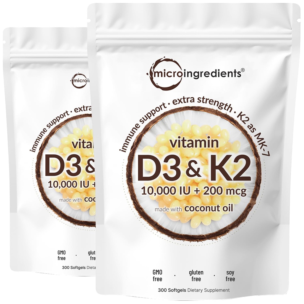 2 Pack Βιταμίνη D3 10000 eu Plus K2 (MK-7) 200 mcg, 300 Virgin Coconut Oil Softgels 