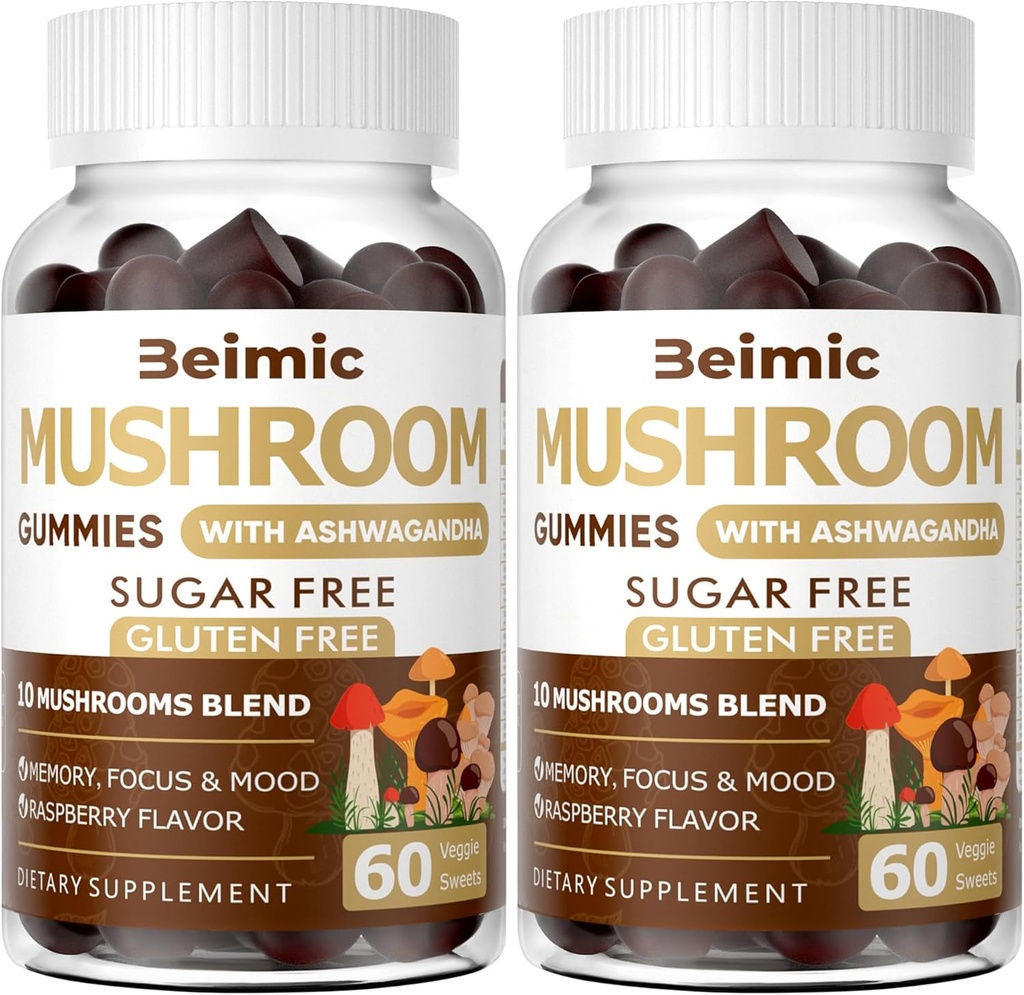 Mushroom Gummies - 10x Mushroom Supplement with Ashwagandha and Lions Mane (120 Chews) Nootropic Brain Supplement, Immune Support & Stress Relief (Pack of 2)