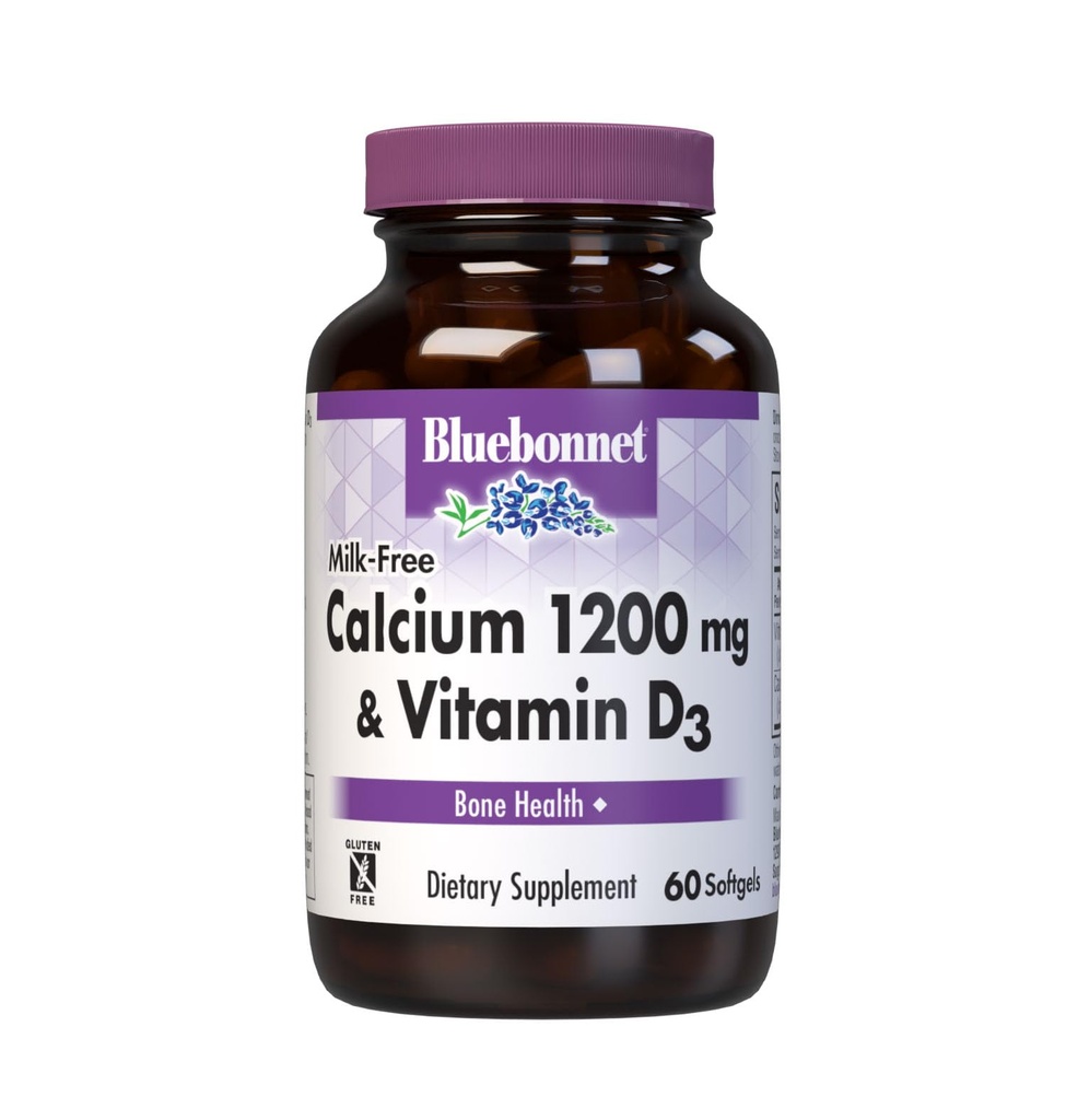Bluebonnet Διατροφή Γάλα-ελεύθερο ασβέστιο 1.200 mg Plus Βιταμίνη D3 400 IU - Υψηλή ισχύς, μέγιστη απορρόφηση Ισχυρή υγιή οστά & ανοσοποιητικό συμπλήρωμα υποστήριξης υγείας, χωρίς γλουτένη, χωρίς γαλακτοκομικά, 60 Softgels