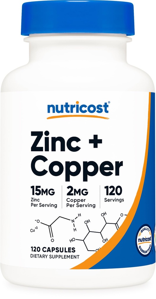 Nutricost ψευδάργυρος + κάψουλες χαλκού (120 σέρβις) (15MG ψευδάργυρος + 2MG χαλκός ανά υπηρεσία) - μη ΓΤΟ, χορτοφάγοι