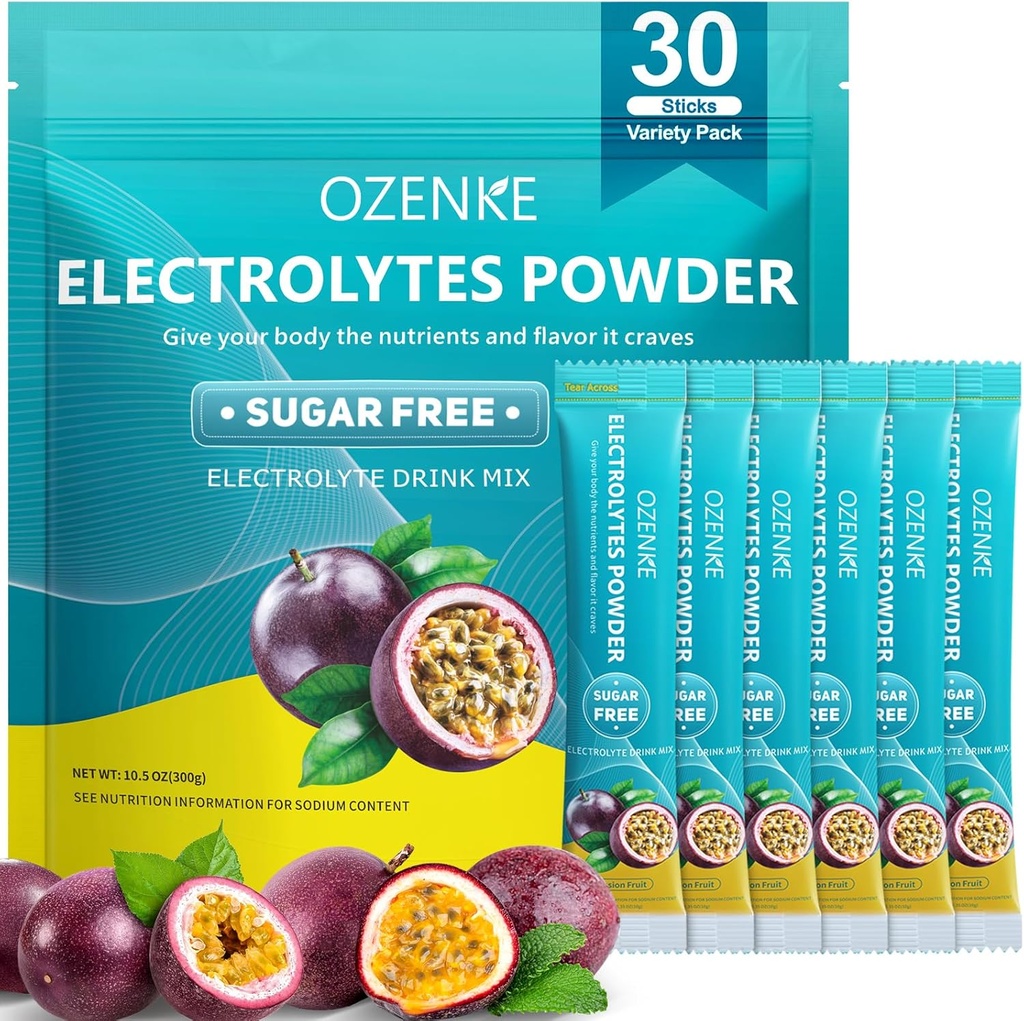 Ηλεκτρολυτές Powder Packets, 30 Sticks Hydration Packets Ζάχαρη Χωρίς, Ηλεκτρολυτές Ποτό Mix Φορητά Ηλεκτρολυτικά Πακέτα για Ταχεία Ενυδάτωση, 0 Ζάχαρη & 0 Θερμίδες, Πάθος Φρούτα Γεύση