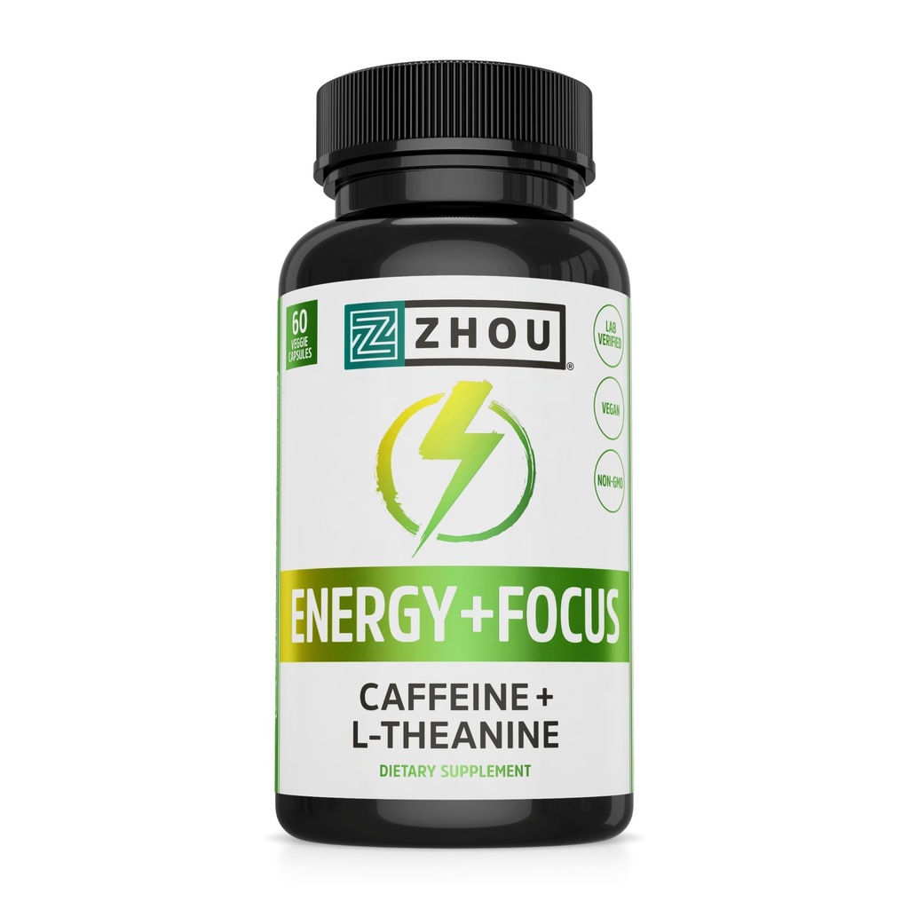 Zhou Energy + Focus - L Θεανίνη χάπια καφεΐνη, 200mg L-Θεανίνη, 100mg Φυσικό Ανυδρικό Caffeine Boost για Ενήλικες, Άνδρες & Γυναίκες, Αργή Εκτεταμένη Κυκλοφορία - 60 Κάψουλες Χορτοφαγικής (Pack of 1)