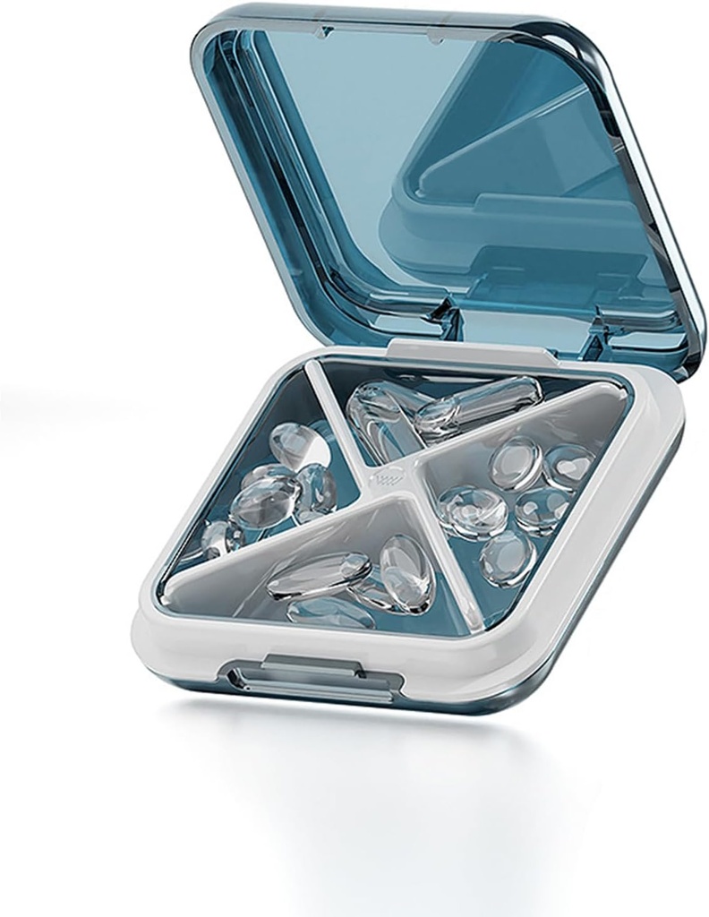 Small Pill Box Waterproof Travel Pill Case Portable Daily Pill Container Pill Holder for Purse 4 Compartments Pocket Compact Medicine Organizer for Fish Oils,Supplements,Medication (Blue)