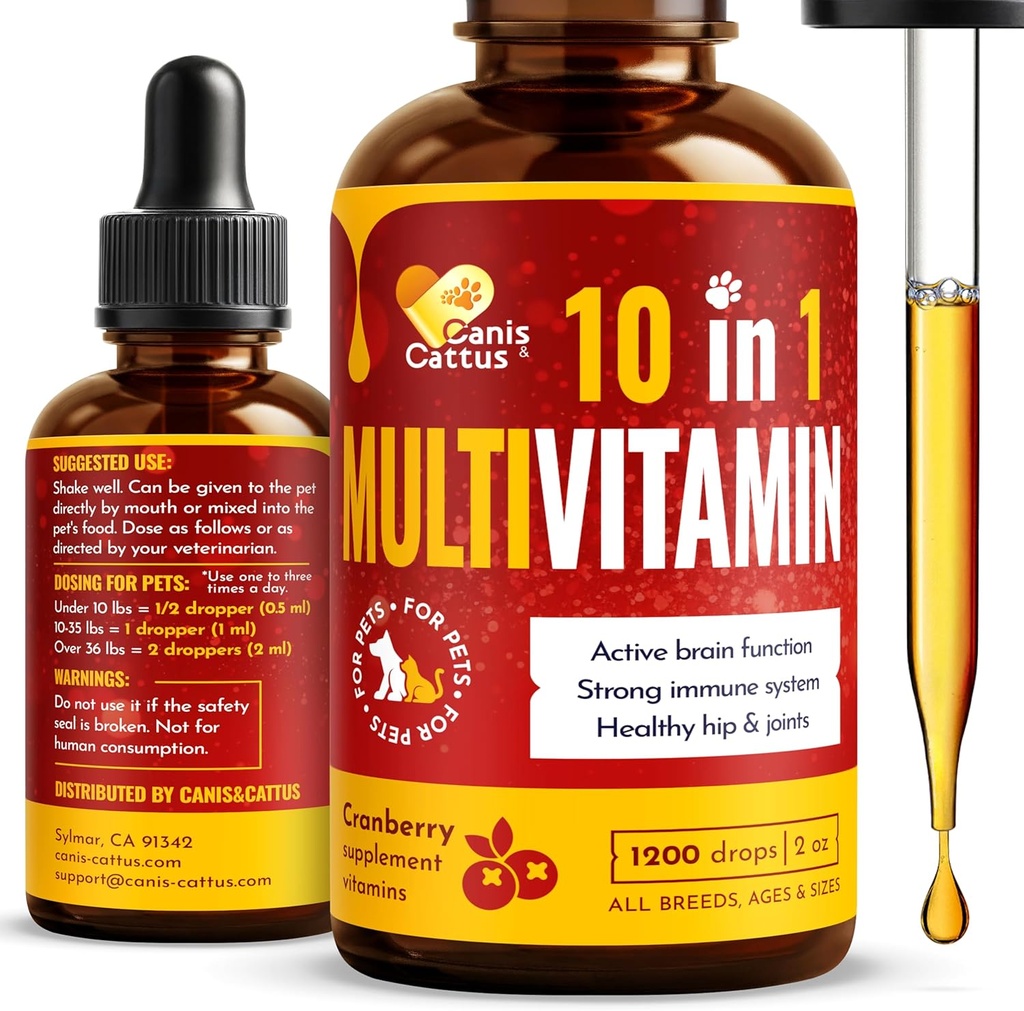 Canis&Cattus 10-σε-1 Πολυβιταμίνη για σκύλους και γάτες – Καθημερινή Γλυκοσαμίνη, Βιταμίνη Β, C & D3 Υποστήριξη - Υγρό συμπλήρωμα με Cranberry & MSM – 2 oz