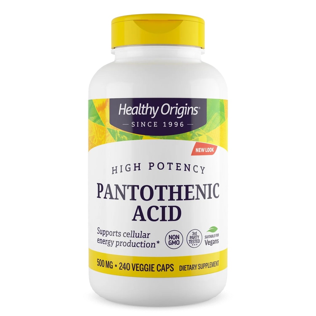 Healthy Origins Premium Βιταμίνη Β5 Pantothenic Acid 500 mg Vegan Κάψουλες, υψηλή αντοχή, ενίσχυση της ενέργειας και Μεταβολισμός Υποστήριξη, κόπωση & κόπωση, συμπλήρωμα ακμής για τη φροντίδα του δέρματος, Λευκό, 240 Count
