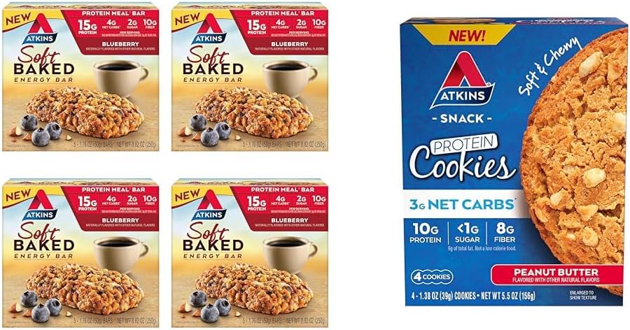 Atkins Soft Baked Energy Bars, Blueberry, 15g πρωτεΐνη,2g ζάχαρη, εξαιρετική πηγή & πρωτεΐνη φυστικοβούτυρο Cookie, πρωτεΐνη επιδόρπιο, πλούσια σε ίνες, 3g καθαρό υδατάνθρακες, 1g ζάχαρη