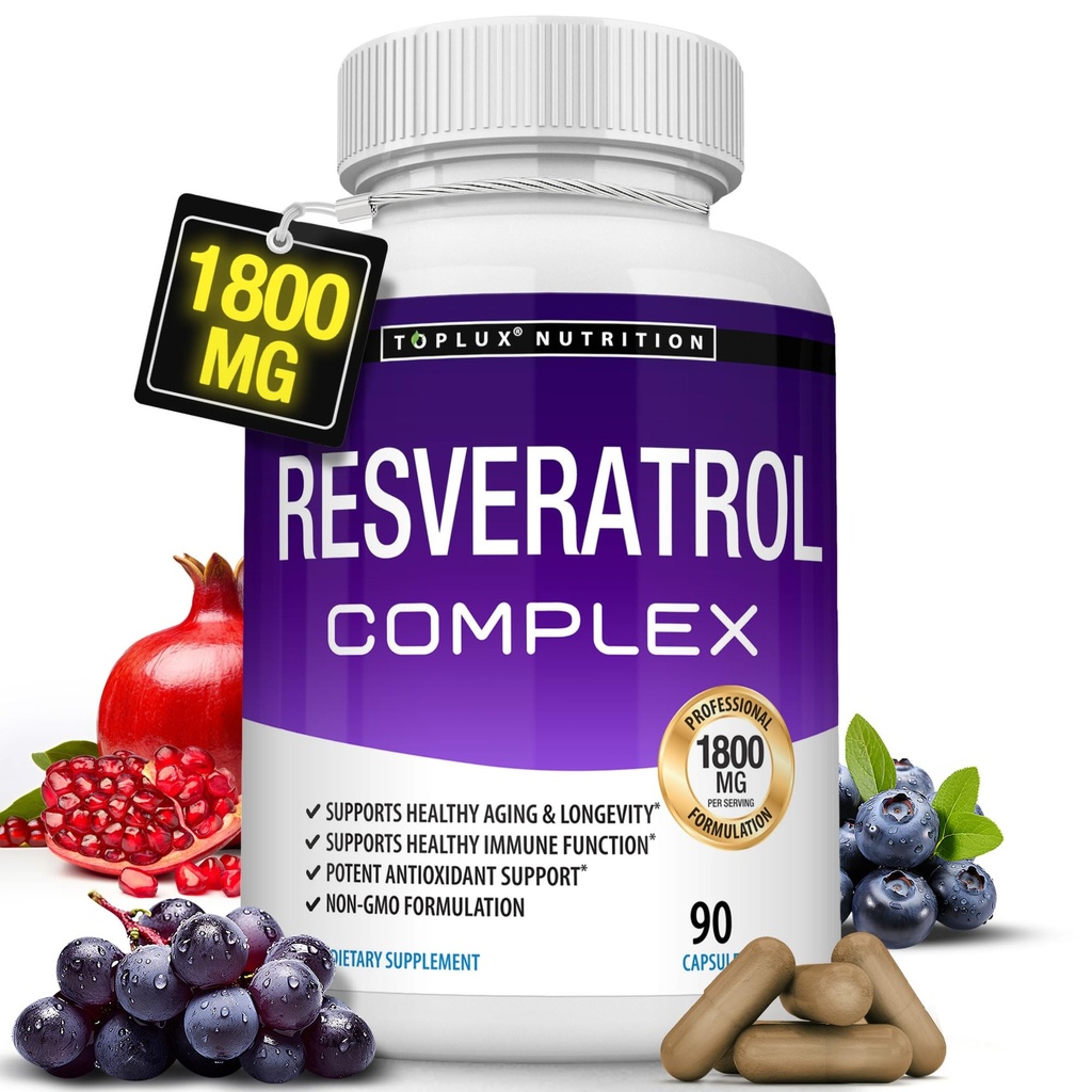 Συμπλήρωμα ρεσβερατρόλης 1800 mg Αντιοξειδωτικό Σύμπλεγμα - Πολύ ισχυρό Φυσικό Trans-Reεσβερατρόλη χάπια για υγιή γήρανση, συνολική υποστήριξη της υγείας, ανοσοποιητικό σύστημα, λειτουργία του εγκεφάλου, για άνδρες γυναίκες, 90 κάψουλες