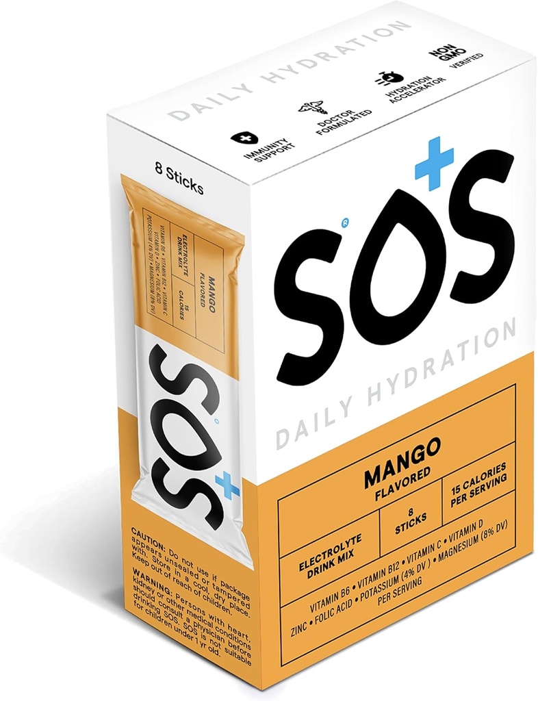 SOS Hydration Electrolyte Powder Stick Packs | Low Sugar | Rapid Rehydration | Made in USA | Keto | Mango Flavor