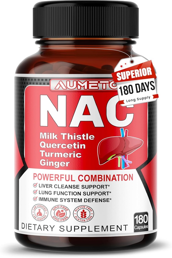 Nac Supplement N-Acetyl-L-Cysteine - Ενισχυμένο με Γαϊδουράγκαθο Γάλα + Quercetin για Βέλτιστη Ανοσία, Αναπνευστική, Ηπατική Ευεξία (180 Count (Pack of 1))