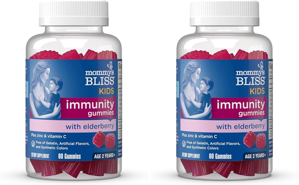 Μαμάς Bliss Kids Elderberry Gummies, Υποστηρίζει την ασυλία με μαύρο Elderberry, ψευδάργυρο & βιταμίνη C, Gluten Free & Vegan, Ηλικία 2 ετών+ (60 κόμης) (πακέτο των 2)