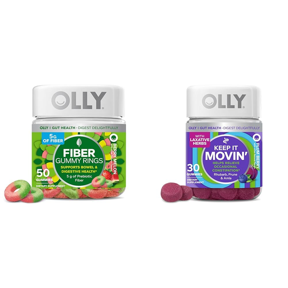 OLLY Fiber Gummy Rings, 5g Prebiotic Fiber, FOS (Fructo-ολιγοσακχαρίτες), Digestive Support, Berry Melon 50ct & Κρατήστε το Κινούμενο Relief δυσκοιλιότητα, Rhubarb, Prunes, Amla - Plum Berry Flavor - 30ct