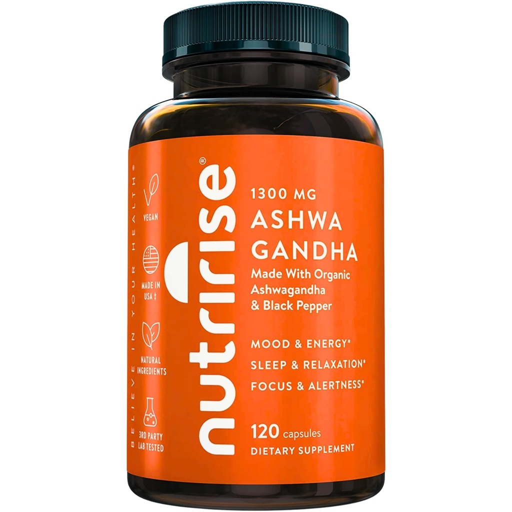 NutriRise οργανικές κάψουλες ρίζας Ashwagandha με μαύρο πιπέρι, 1300mg, φυσικό στρες & mood, θυρεοειδές, και ανοσοποιητικό συμπλήρωμα υποστήριξης, καθαρότητα, εστίαση & ενέργεια, χωρίς γλουτένη, 120 Count