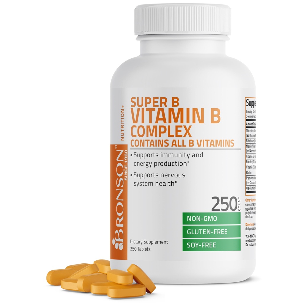 Bronson Vitamin B Complex (βιταμίνη B1, B2, B3, B6, B9 - Φολικό οξύ, B12), 250 δισκία