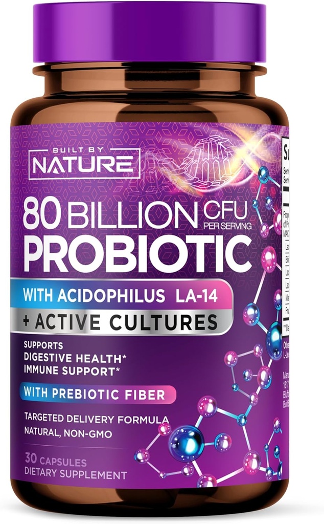 80 δισεκατομμύρια CFU Probiotic - Daily Digestive Gut Health Supplement for Men & Women - Lactobacillus acidophilus, Bifidobacterium & Prebiotics - Μη Γλουτένη & Γαλακτοκομικά, Ράφι-Stable - 30 Κάψουλες