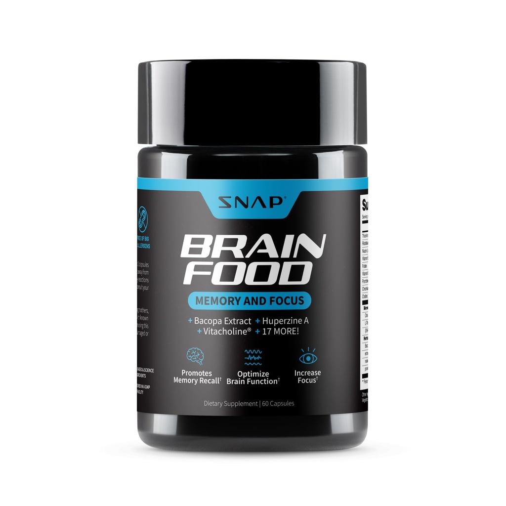 Συμπληρώματα Snap Brain Booster Nootropics συμπλήρωμα για τη μνήμη, εστίαση & σαφήνεια, εκχύλισμα Bacopa, Ginkgo Biloba, 60 κάψουλες