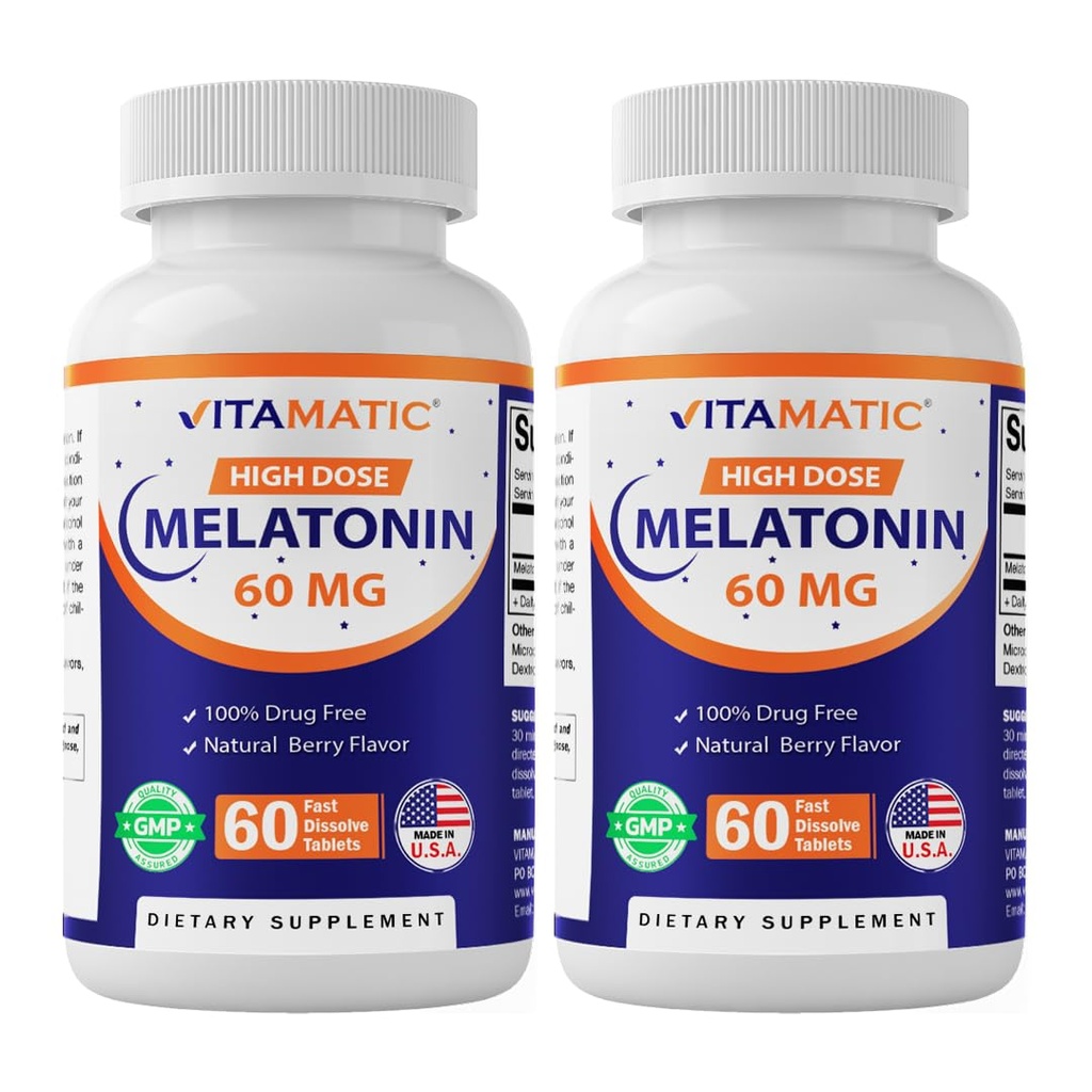 Vitamatic Melatonin 60 mg Fast Dissolve Tablets - 60 Vegan Natural Berry Flavor Tablets - Non-Habit Forming - Non-GMO, Gluten Free (2 Bottles)