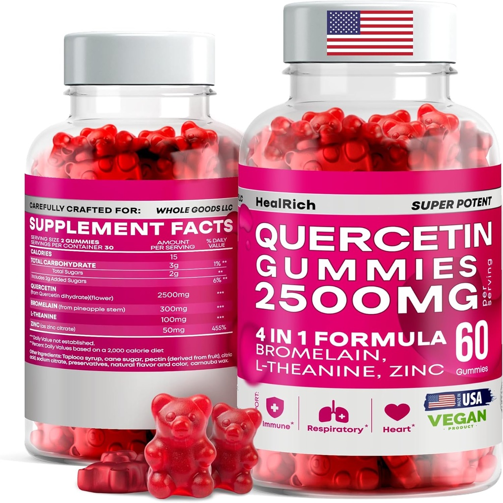 Quercetin Gummies - 2500MG με Bromelain, L-Theanine - Ανοσοποιητική υποστήριξη Gummies Αλλεργία Ανακούφιση & Πνεύμονα Υγεία για Παιδιά & Ενήλικες