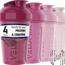 VELOMIX -4 PACK- 20 OZ Protein Shaker Bottles for Protein Mixes, Shaker Cups for Protein Shakes, Small Shaker Bottle Pack, Shaker Cup, Shakers for protein Shakes (Berry Blend)