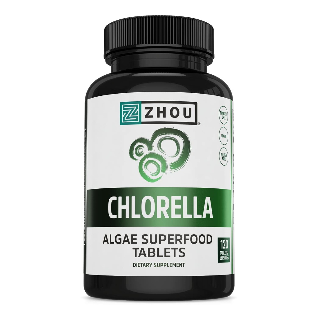 Zhou Chlorella Tablets - Chlorella Supplement, Chlorophyl Vitamins, Pure Green Algae Superfood, Nutrient Rich Super Food Hills, Broken Cell Wall - 120 Vegan Tablets