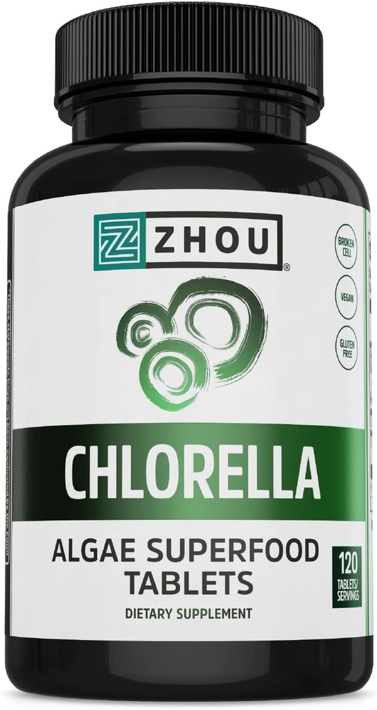 Zhou Chlorella Tablets - Chlorella Supplement, Chlorophyl Vitamins, Pure Green Algae Superfood, Nutrient Rich Super Food Hills, Broken Cell Wall - 120 Vegan Tablets