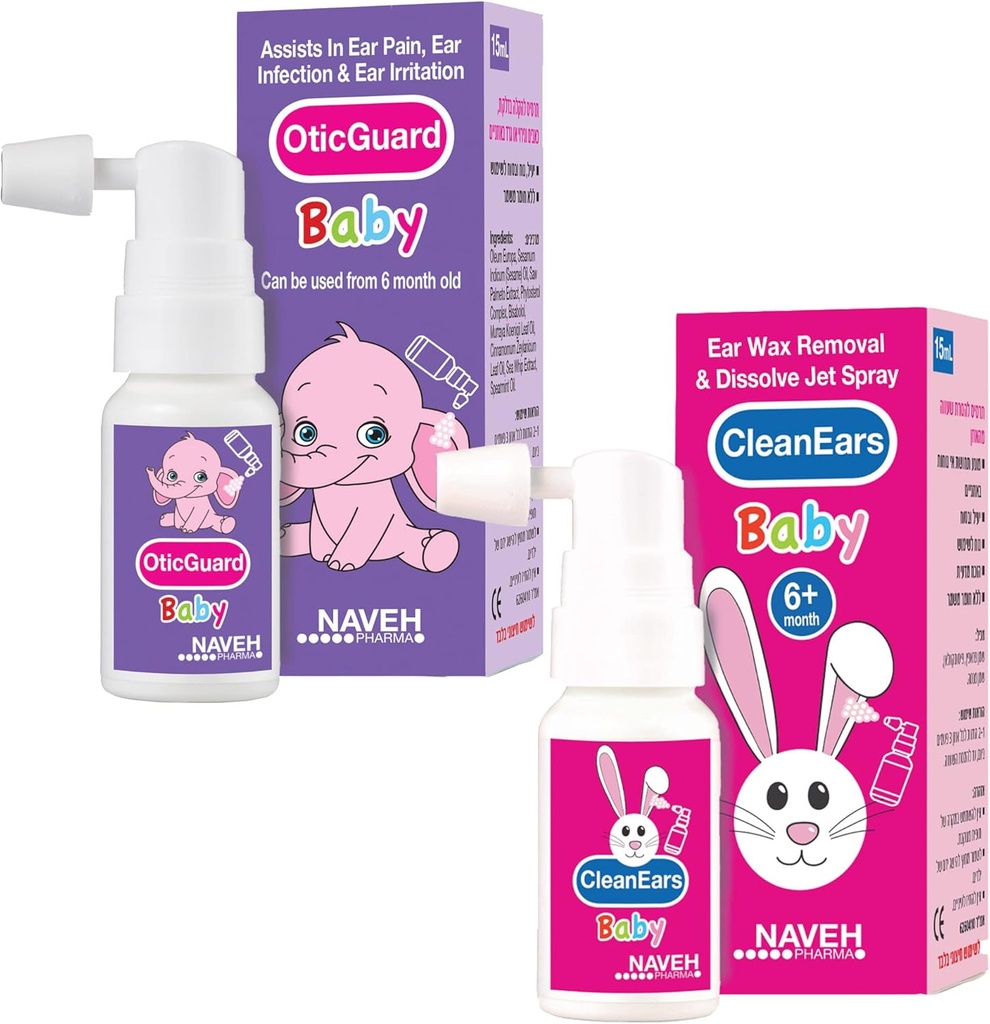 1 Unit Naveh Pharma CleanEars Baby Earwax Removal Spray 1 Fl Oz + 1 Unit of NAVEH PHARMA Otic Guard Baby Ear Infection Spray 0.5 Fl Oz