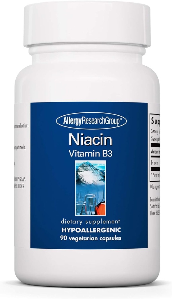 Allergy Research Group Niacin Supplement - Vitamin B3 for Men & Women, Niacin with Flush, Nicotinic Acid, NAD, 250mg Vegetarian Capsules - 90 Count