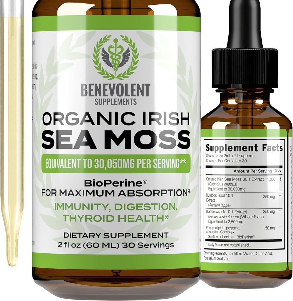 Ευεργετικό Nourishment Organic Irish Sea Moss Drops 2oz - Burdock Root, Bladderwrack & BioPerine [Ultra Strength] 30.000mg Υγρές σταγόνες θαλασσινού Moss για την ανοσοποιητική υποστήριξη, Thyroid, Gut, Skin & Joint Health