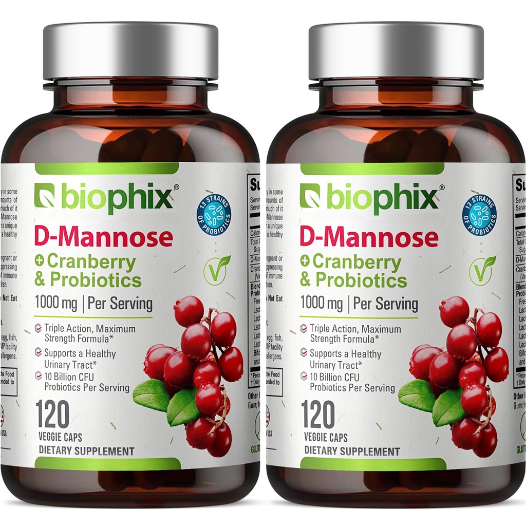 biophix D- Mannose 1000mg κάψουλες με Cranberry & Probiotics - D Mannose συμπληρώματα για τις γυναίκες - D-Mannose χάπια για την ουρική Φυλλαδική & Bladder Υγεία Υποστήριξη - Digestive Well-Being - 120 Vcaps 2 Συσκευασία