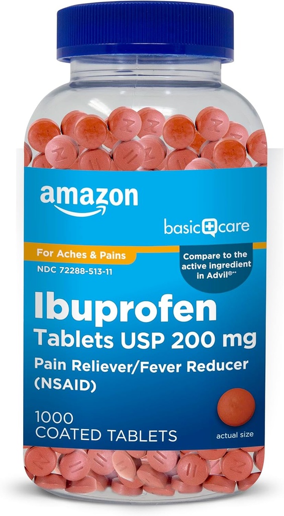 Basic Care Ibuprofen Tablets, Fever Reducer and Pain Relief from Body Aches, Πονοκέφαλος, Αρθρίτιδα και More, 1000 Count (Packaging μπορεί να ποικίλει)