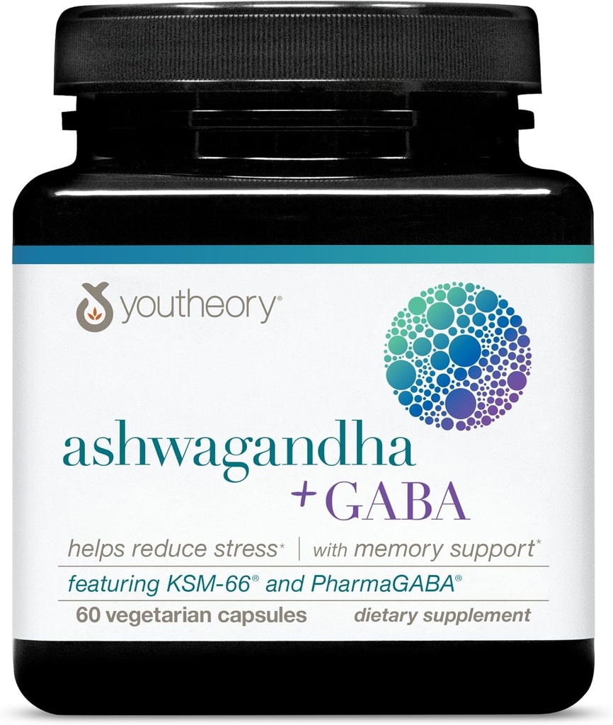 Youtheory Ashwagandha + GABA - Χρησιμοποιεί οργανικά KSM-66-1,000 mg Ashwagandha & 100 mg GABA - Κορτιζόλη, ενέργεια, άγχος και μνήμη συμπλήρωμα υποστήριξης - 60 κάψουλες χορτοφάγων (30-ημέρα προμήθεια)