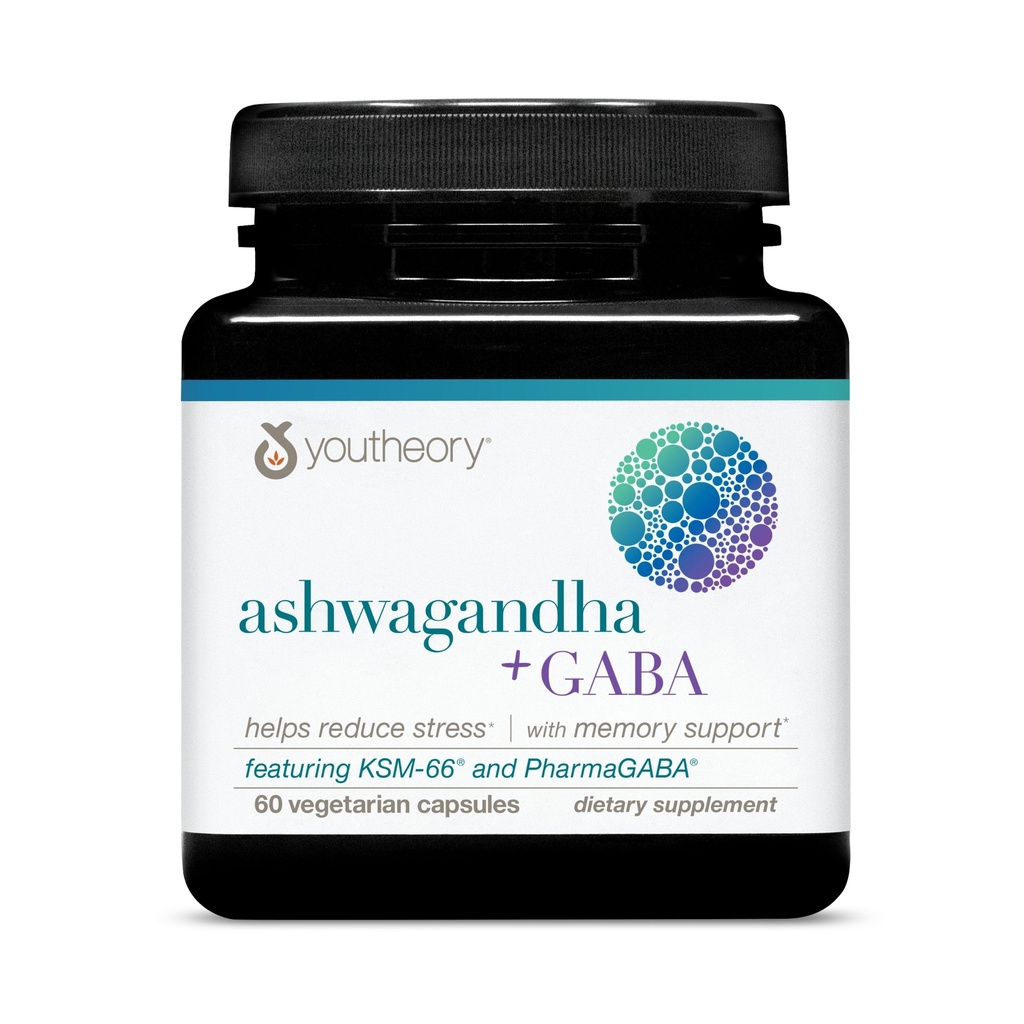 Youtheory Ashwagandha + GABA - Χρησιμοποιεί οργανικά KSM-66-1,000 mg Ashwagandha & 100 mg GABA - Κορτιζόλη, ενέργεια, άγχος και μνήμη συμπλήρωμα υποστήριξης - 60 κάψουλες χορτοφάγων (30-ημέρα προμήθεια)