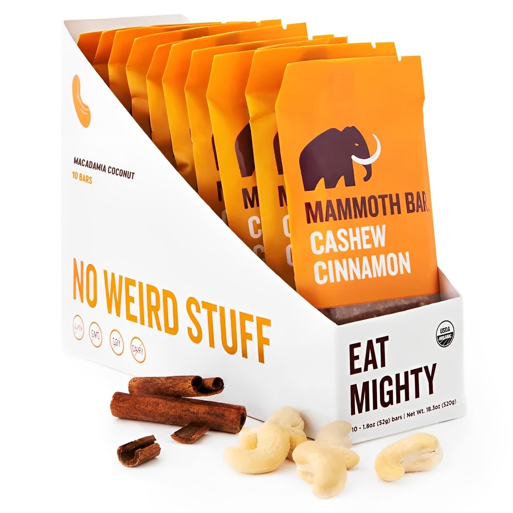 Cashew Cinnamon Bar- Organic, Παλαιό, Χωρίς Γλουτένη και Raw από Mammoth Bar, 10-12g Πρωτεΐνη, 1.8 Oz. Bar (10 Bars) ...