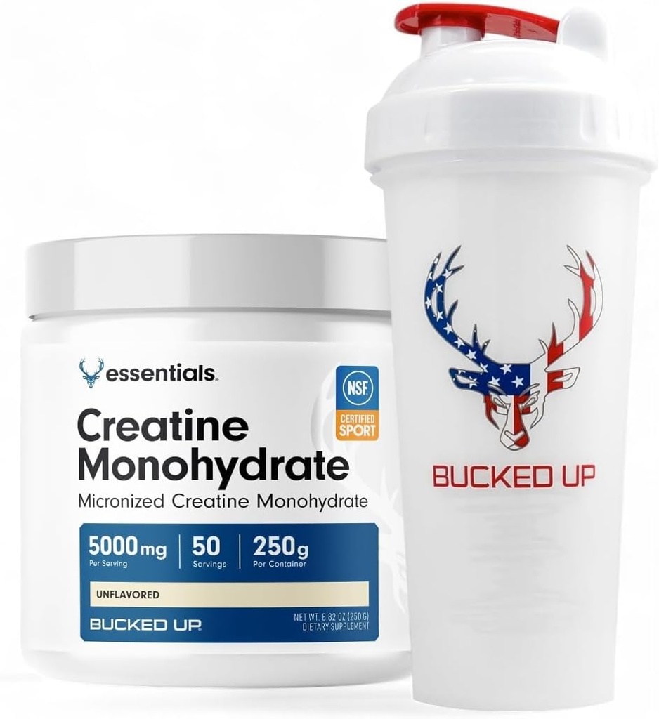 Bucked Up Creatine & Shaker Bundle – Μικρονισμένη σκόνη Creatine (250g, 50 εξυπηρετούν) + 28oz Leak-Proof BPA-free μπουκάλι Shaker για Βέλτιστη ανάμειξη