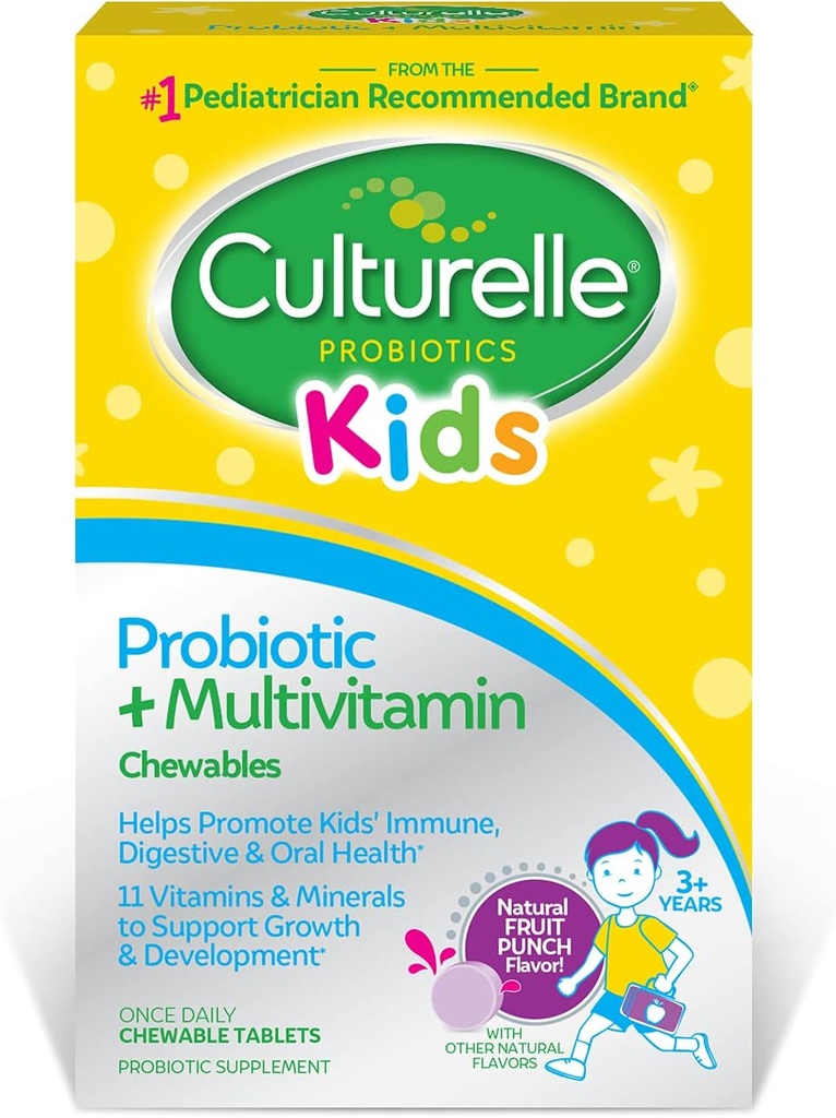 Culturelle Kids Probiotic + Complete Multivitamin Chewable For Kids, Ages 3+, 30 Count, Digestive Health, Oral Health & Immune Support - With 11 Vitamins & Minerals, including Vitamin C, D3 & Zinc