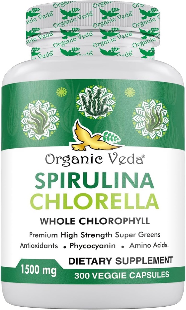 Βιολογικές κάψουλες Veda Spirulina & Chlorella, 1500mg, 300 Count - Spirulina Chlorella Κάψουλες με Super Green Αντιοξειδωτικά, Phycocyanin, Amino Acid - Ενισχύστε την Ανοσία, Ενέργεια, Υποστηρίξτε την Πέψη