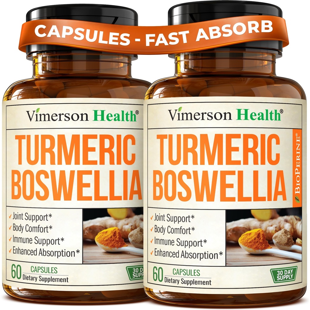 Boswellia Serrata Turmeric Curcumin Supplement: Organic Tumeric, Boswellia Extract, Ginger & BioPerine for Max Absorption – Inflammation & Joint Supplements for Men & Women – Non-GMO – 60 Caps, 2 Pack