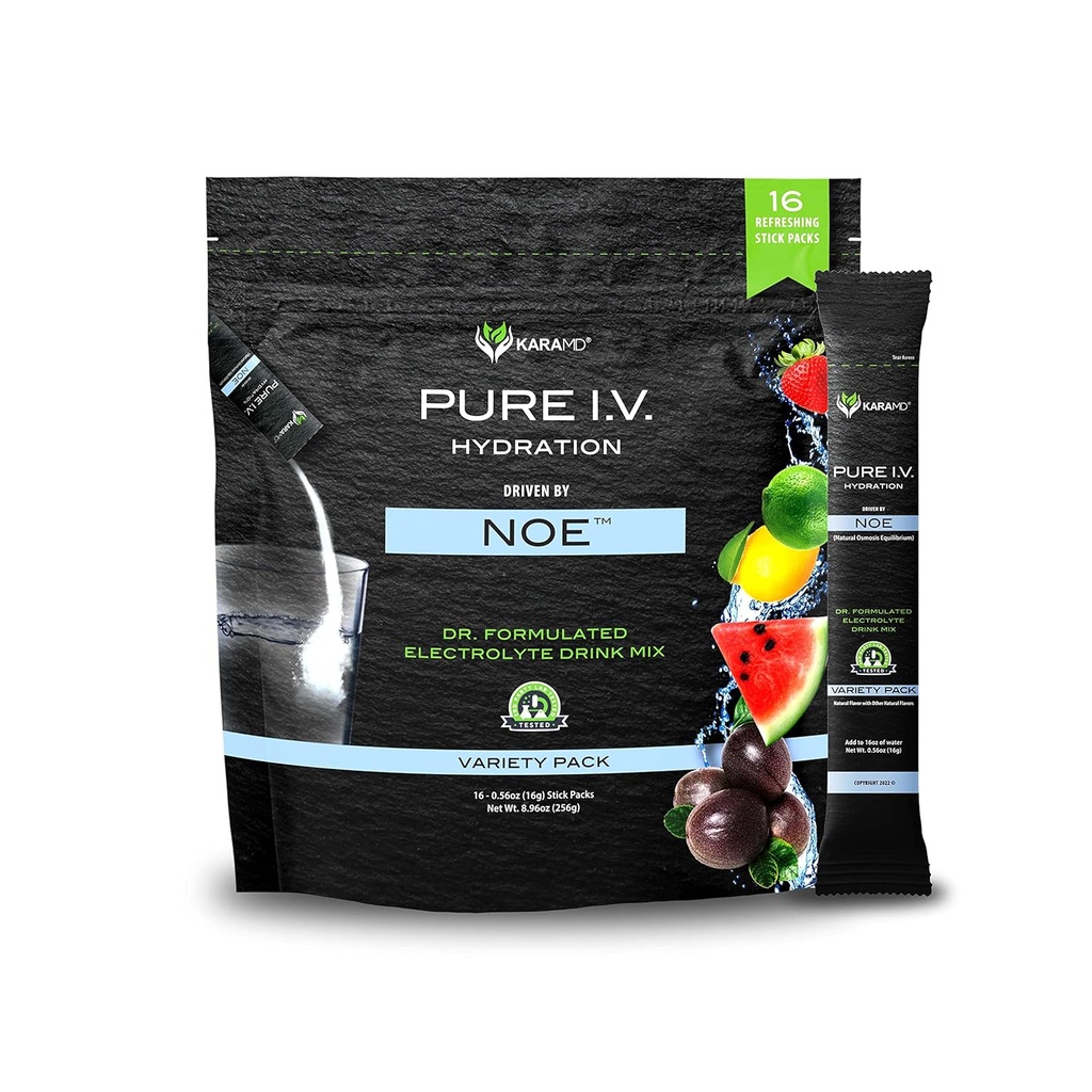 KaraMD Pure I.V. - Επαγγελματικά Formulated Electrolyte 4 Flavor Variety Powder Drink Mix – Αναζωογονητικά & Νοστιμότατα Ενυδατικά Συσκευασία με Βιταμίνες & Ορυκτά – 4 Flavor Variety - 1 Bag (16 Sticks)