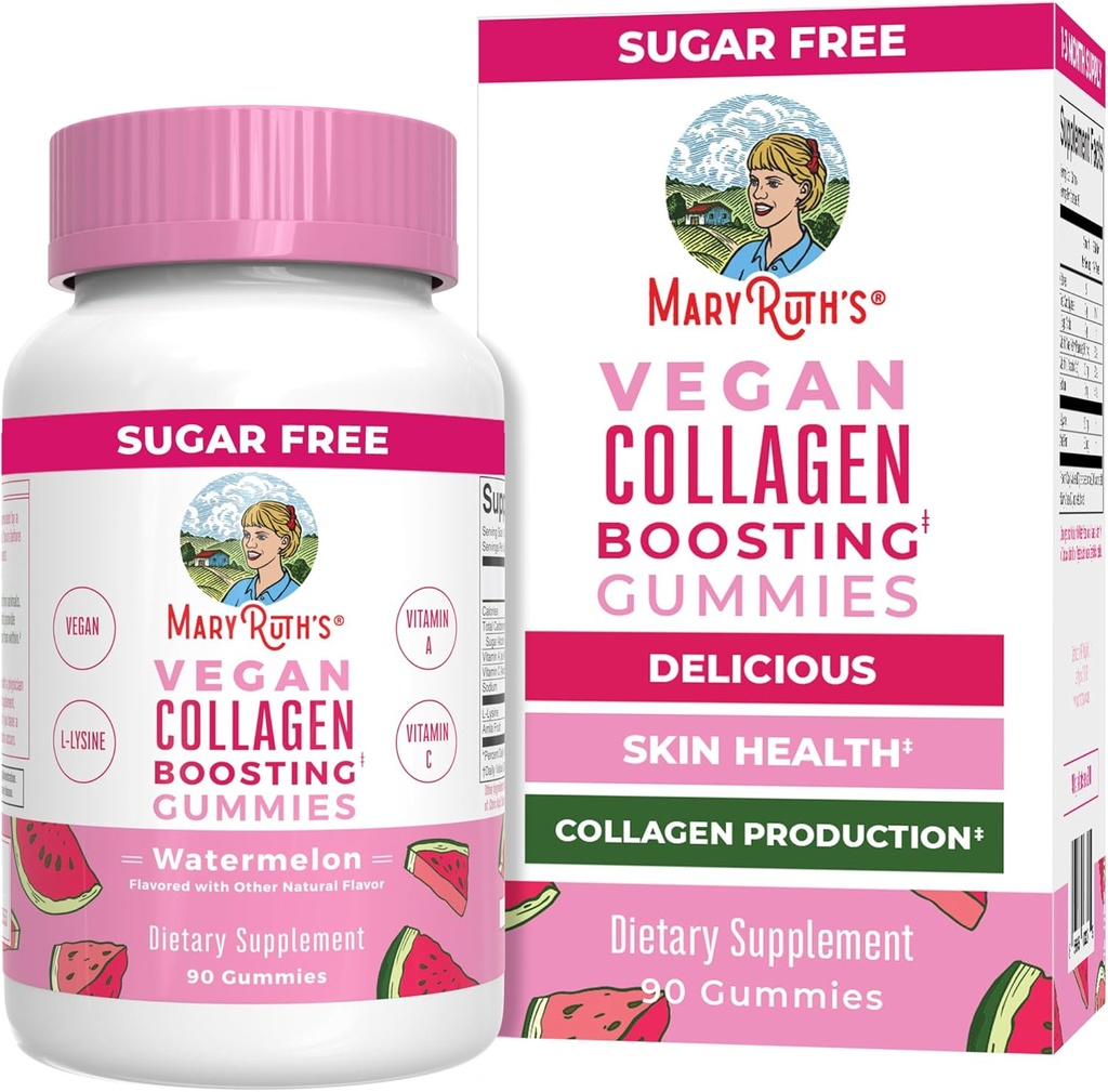 MaryRuth Organics Vegan Collagen for Women & Men, Collagen Boosting Gummies, Skin Care, Lysine, Vitamin C, Vitamin A, Amla, Supplement for Hair & Skin, Vegan, Non-GMO, Gluten Free, 90 Servings