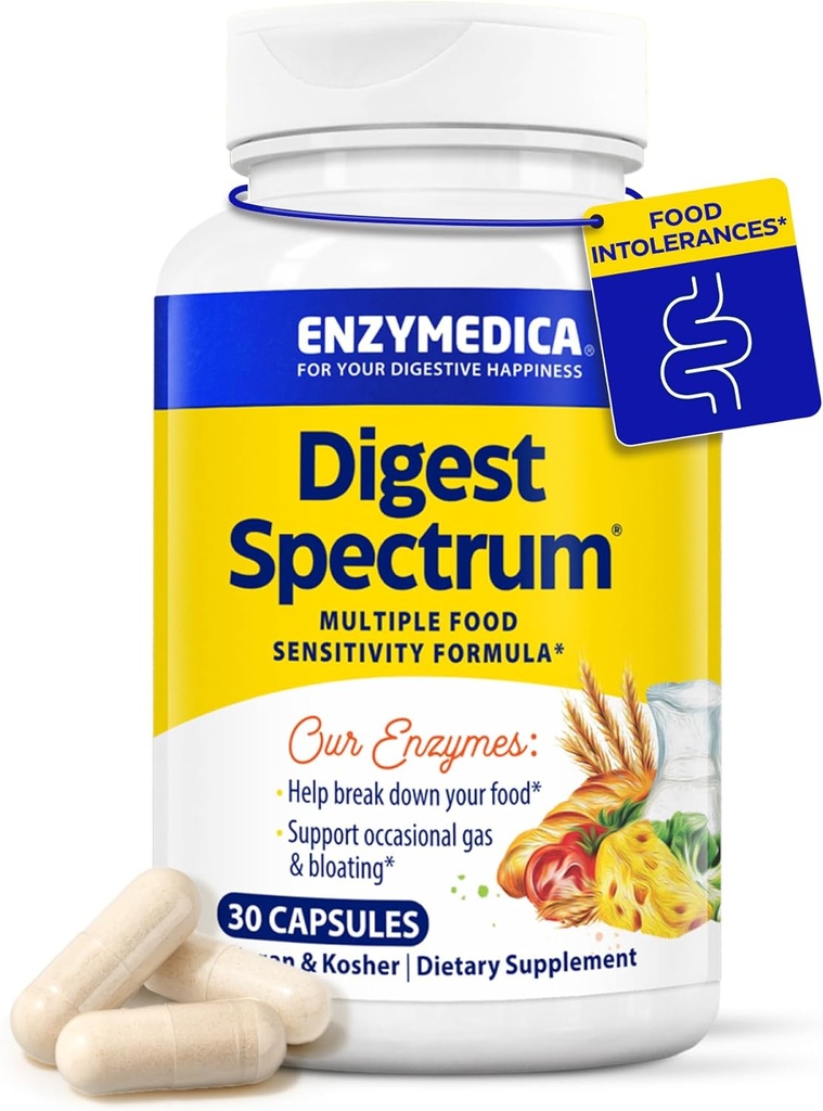Enzymedica Digest Spectrum, Advanced Digestive Enzymes for Women and Men, υποστηρίζει την πέψη και πολλαπλές δυσανεξία τροφίμων, ταχείας δράσης Formula for Gas and Bloating Relief, 30 κάψουλες