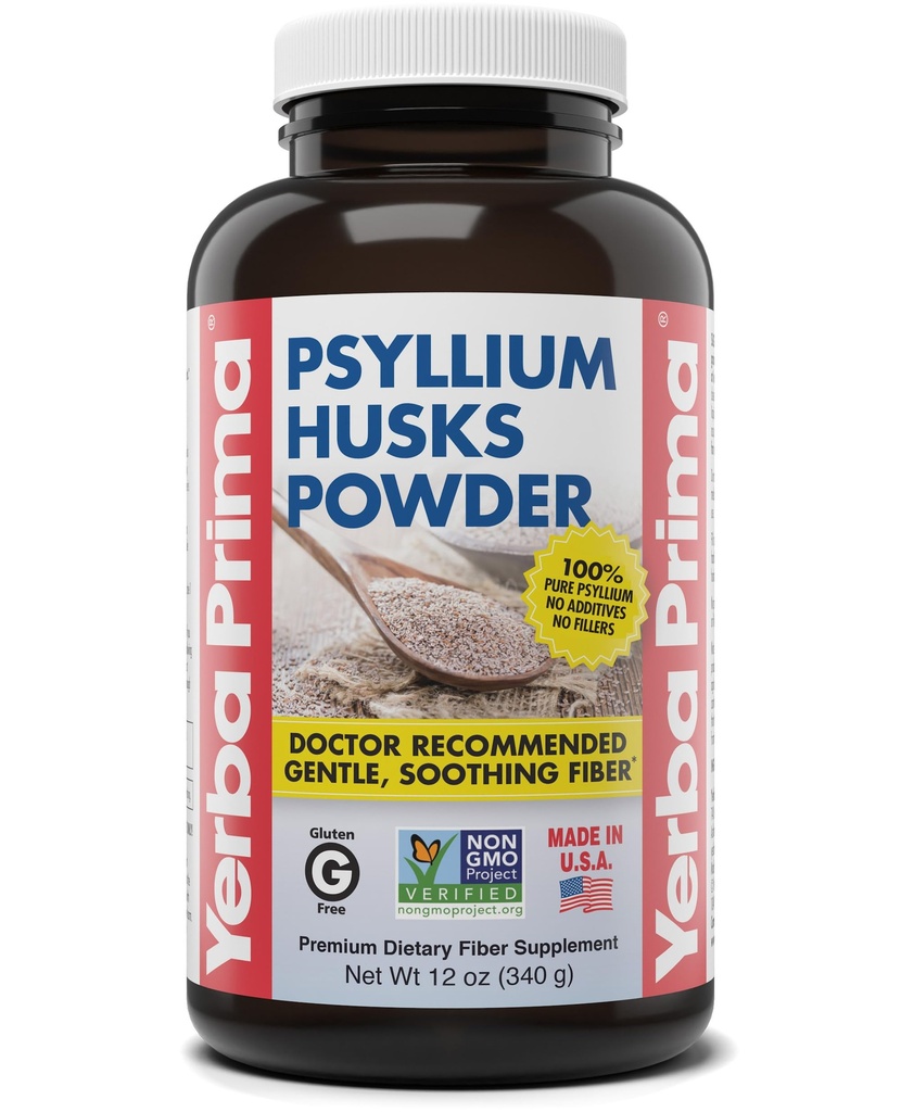 Yerba Prima Psyllium Husks Σκόνη 12 oz - Φυσικό συμπλήρωμα ινών - Cleanser του παχέος εντέρου - Υγεία των ούλων - Vegan, μη-GMO, Χωρίς γλουτένη (Νέα ετικέτα - Συσκευασία Μαΐου Vary)