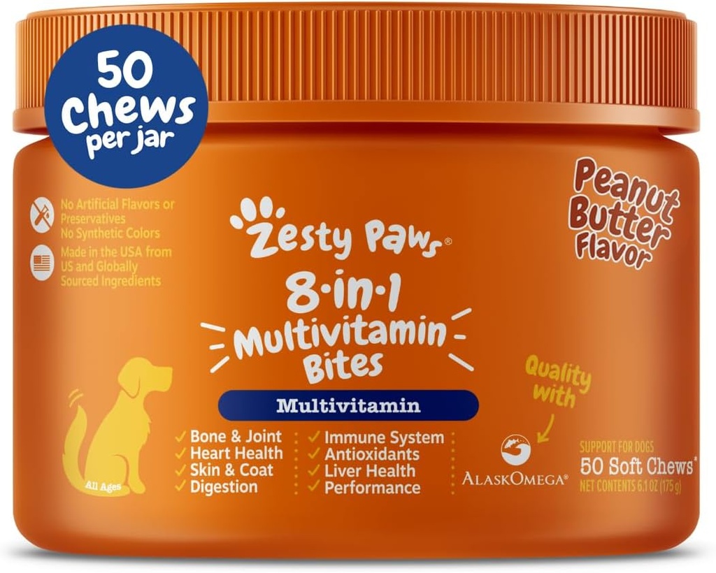 Zesty Paws Σκύλος πολυβιταμίνη, μασώμενα σκυλιά βιταμίνες και συμπληρώματα για χιπ & αρθρώσεις, δέρμα & παλτό, Ωμέγα 3 ιχθυέλαιο για σκύλους - Senior & κουτάβι πολυβιταμίνη - Φυστικοβούτυρο 50ct