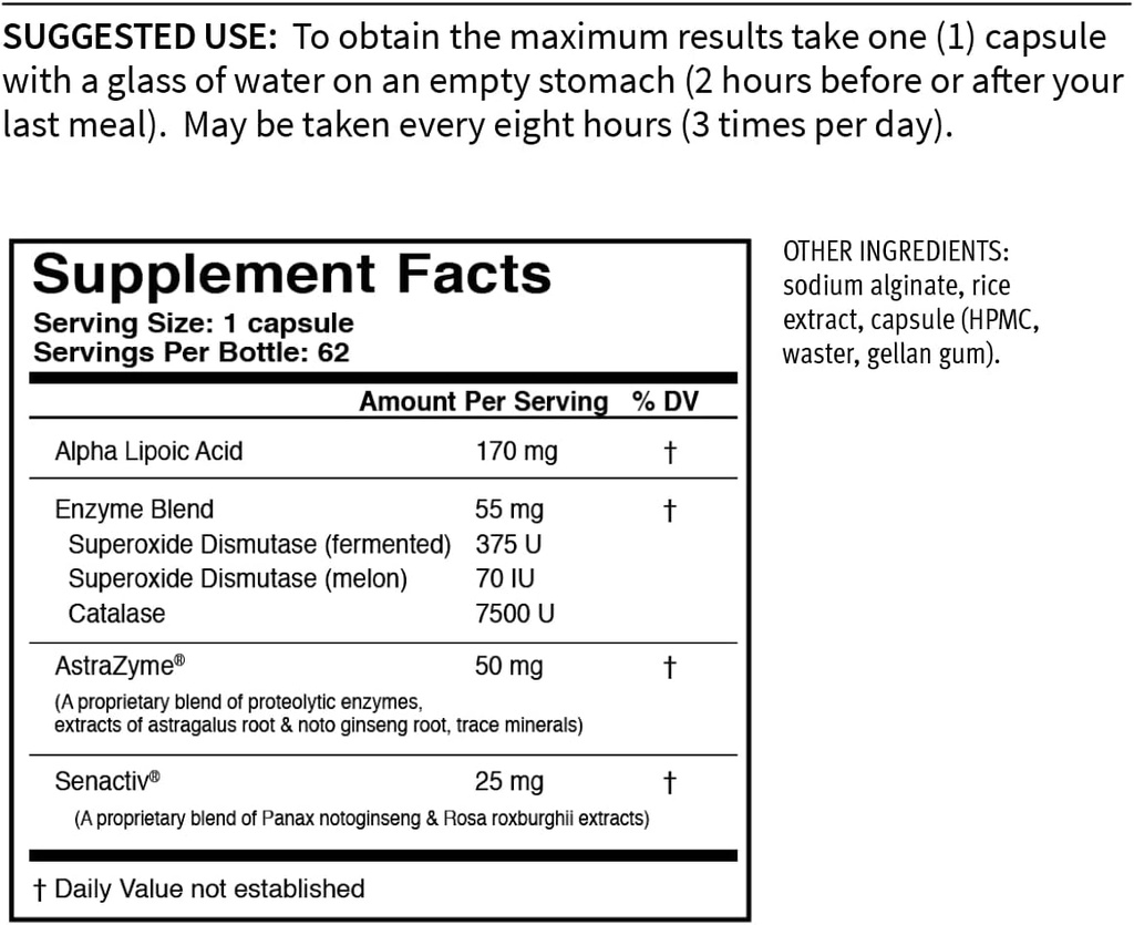 USAEnzymes YOUTHXYM 62 Καθυστερημένης αποδέσμευσης κάψουλες χορτοφαγικών προϊόντων, Συμπλήρωμα αντιοξειδωτικών ενζύμων. 170mg Αλφα λιποϊκού οξέος (ALA) + 50mg AstraZyme για την ενίσχυση της πέψης πρωτεϊνών.