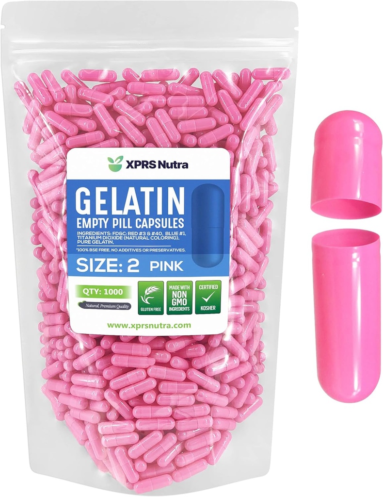 XPRS Nutra μέγεθος 2 άδεια κάψουλες - 1000 Count Empty Gelatin κάψουλες - Χάπια DIY καψάκιο πλήρωσης - Αγνά καπάκια τζελ Μπόβιν Χάπια για Do-It-Yourself Συμπληρώματα (Pink)