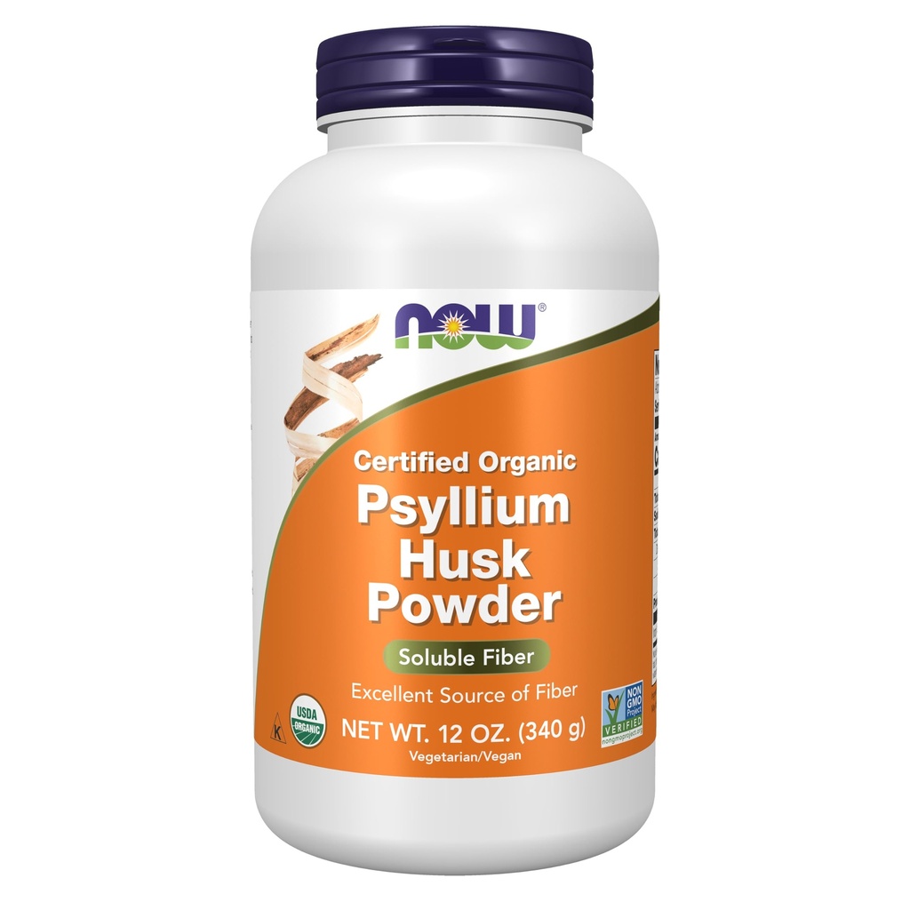 NOW Συμπληρώματα Τροφίμων, Psyllium Husk Powder, Πιστοποιημένο Οργανικό, Μη ΓΤΟ έργο Επαληθευμένο, Διαλυτές Ίνες, 12-Ounce