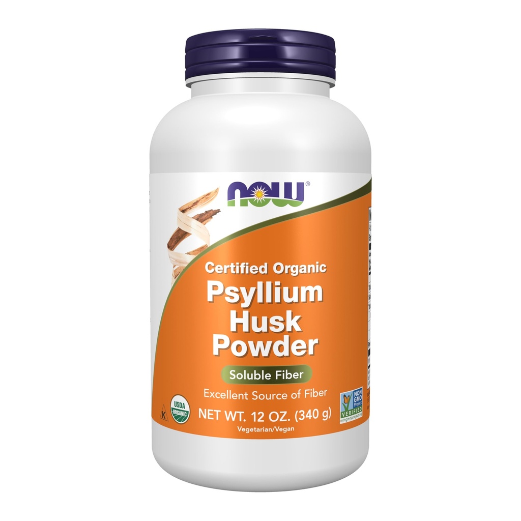 NOW Συμπληρώματα Τροφίμων, Psyllium Husk Powder, Πιστοποιημένο Οργανικό, Μη ΓΤΟ έργο Επαληθευμένο, Διαλυτές Ίνες, 12-Ounce