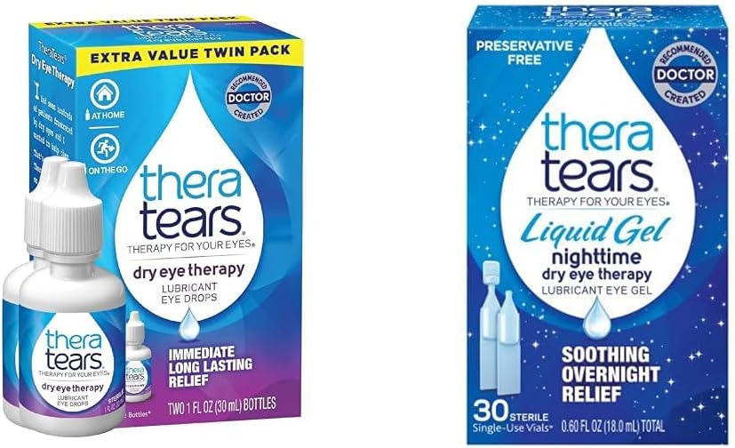 TheraTears ξηροφθαλμίας Λιπαντικές σταγόνες ματιών για ξηροφθαλμία, 1 fl oz μπουκάλι Twin Pack, (2 x 30mL μπουκάλια) & υγρό Gel νυκτερινή λιπαντικό Οφθαλμικές σταγόνες για ξηρά μάτια, Φιαλίδια μιας χρήσης, 30 μέτρα