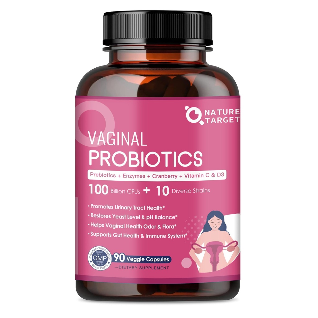 Vaginal Probiotics for Women, 100 Billion CFUs Probiotics & Prebiotics with Digestive Enzymes, Cranberry & D-Mannose - Womens Probiotic Supports pH Balance, Odor & Urinary Tract Health - 90 Capsules