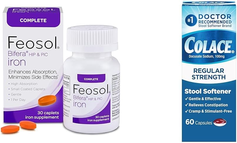 Feosol Συμπληρωμένο συμπλήρωμα σιδήρου 30 Count and Colace Scool Αποσκληρυντής 60 Count Bundle