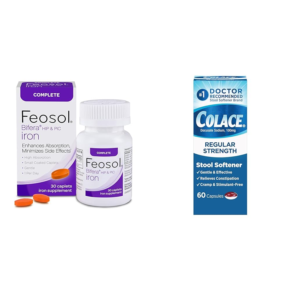 Feosol Συμπληρωμένο συμπλήρωμα σιδήρου 30 Count and Colace Scool Αποσκληρυντής 60 Count Bundle